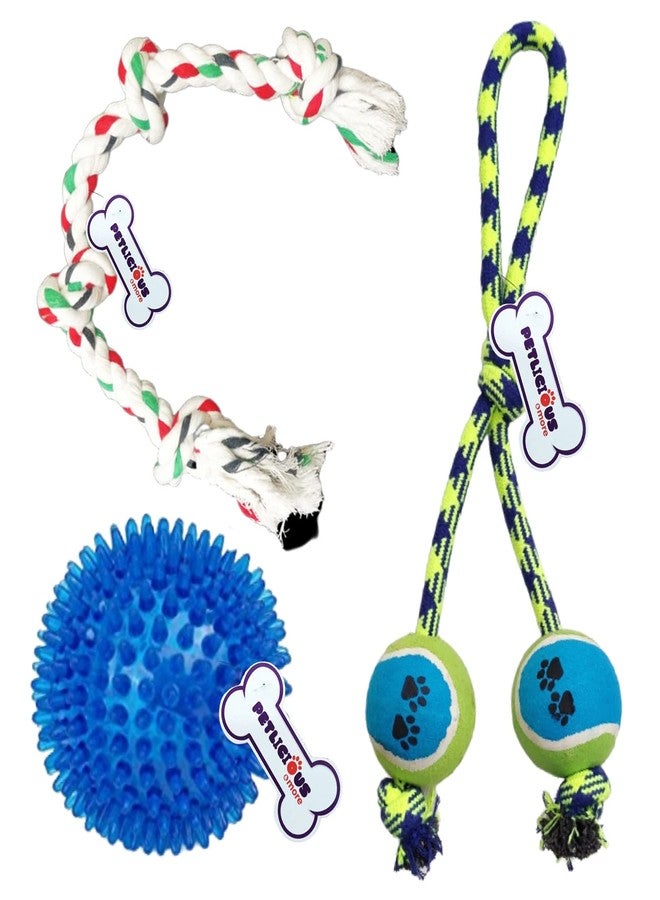 PETLICIOUS & MORE لعبة كرة مطاطية تصدر صوتاً للكلاب البالغة من Petlicious & More® غير سامة | حبل بأربع عقد | كرة حبل تنس مزدوجة (متوسطة، مجموعة من 3 قطع) - Image 1